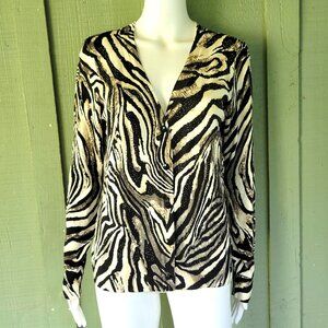 CHICO'S Black Ivory Tiger Striped Silk Blend Knit Cardigan Sz 1 or US 8